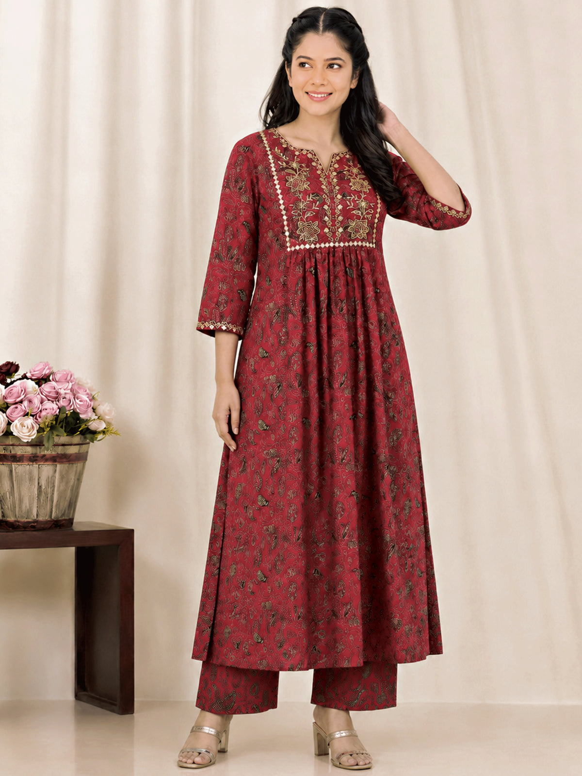 Embroidered Soft cotton Floral Flared Maroon Kurta