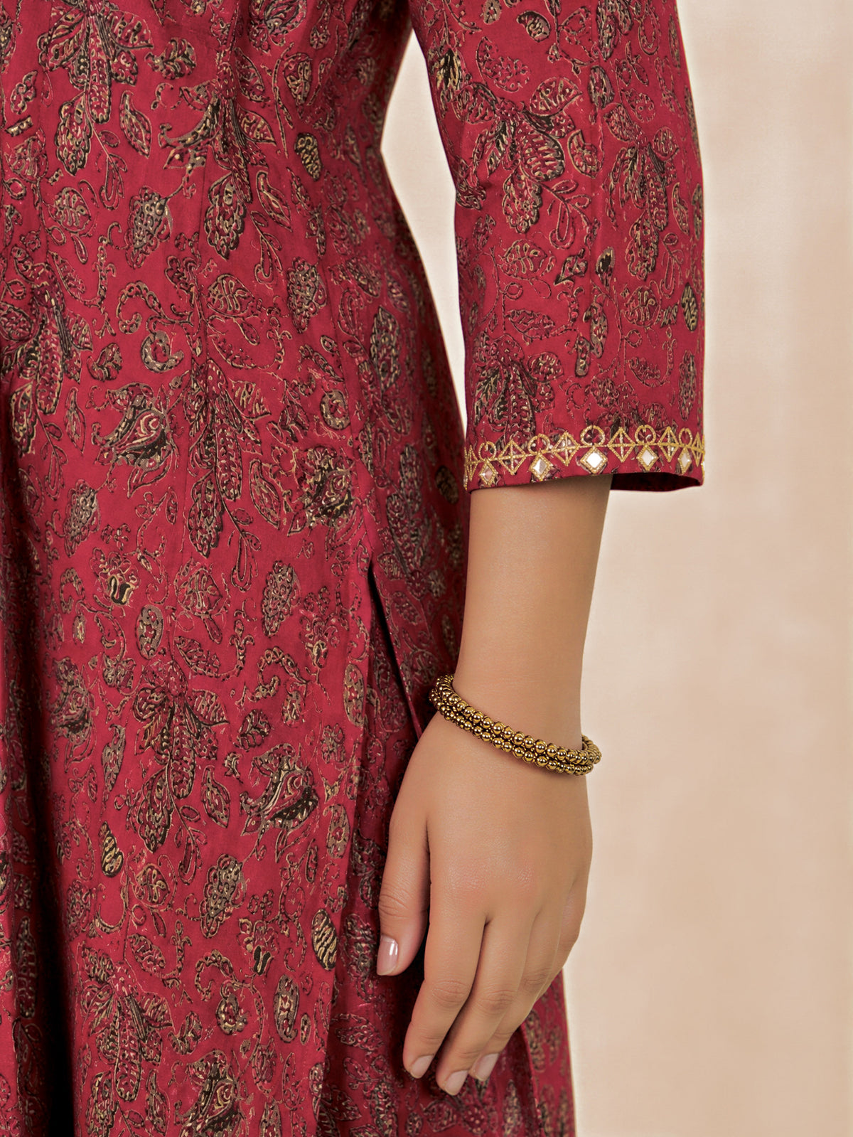 Embroidered Soft cotton Floral Flared Maroon Kurta