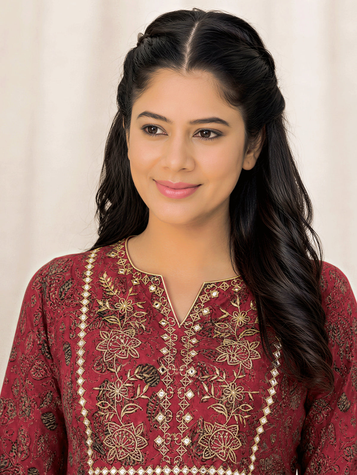 Embroidered Soft cotton Floral Flared Maroon Kurta