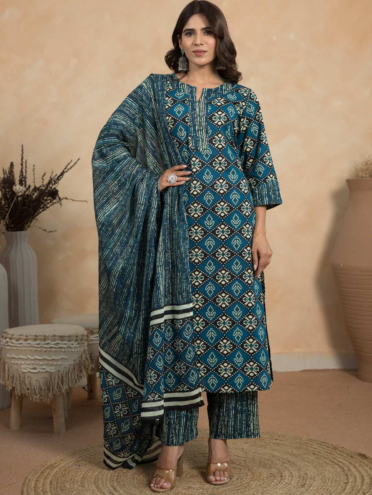 Soft Cotton Geometric Straight Blue Kurta