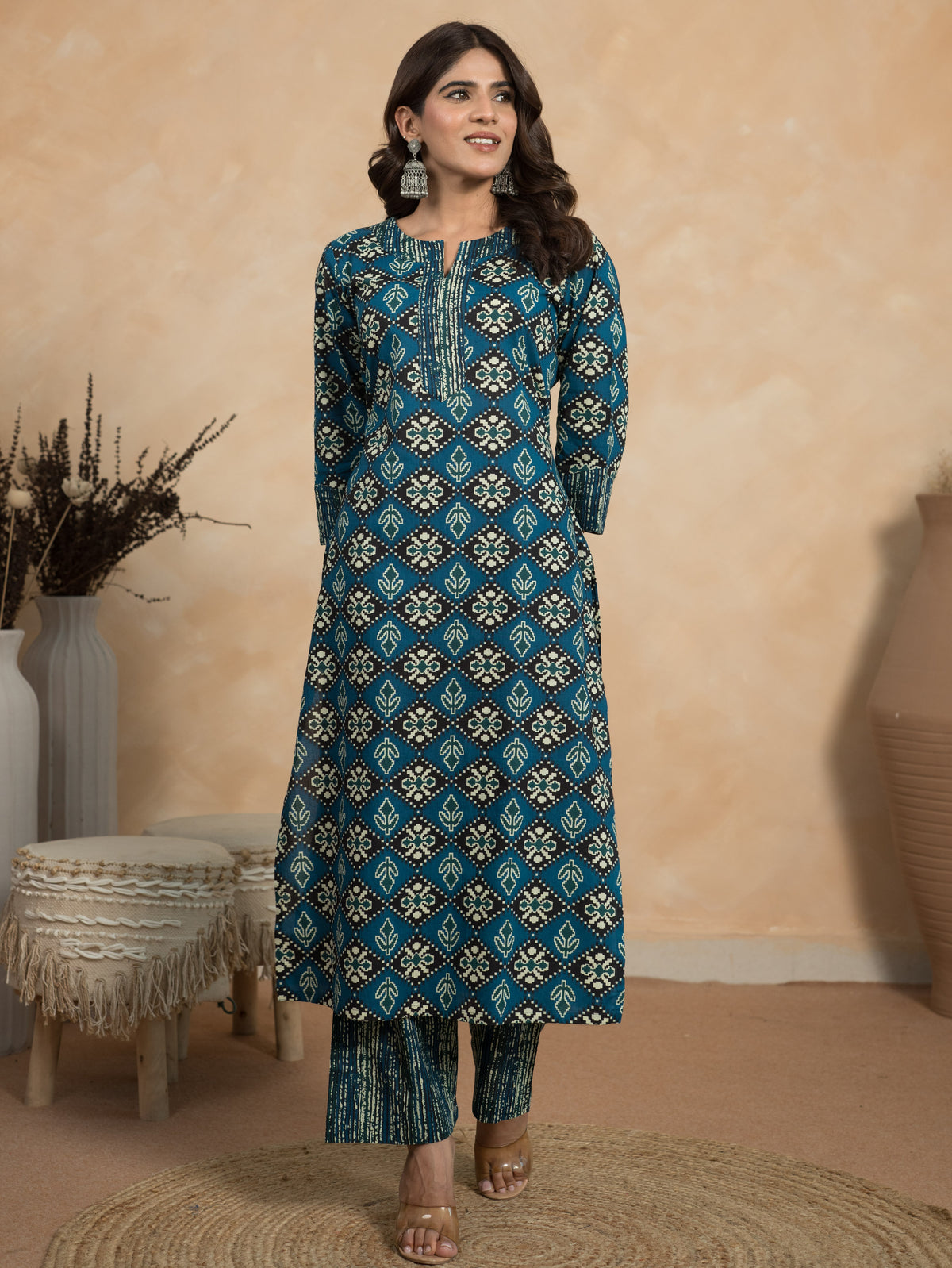 Soft Cotton Geometric Straight Blue Kurta