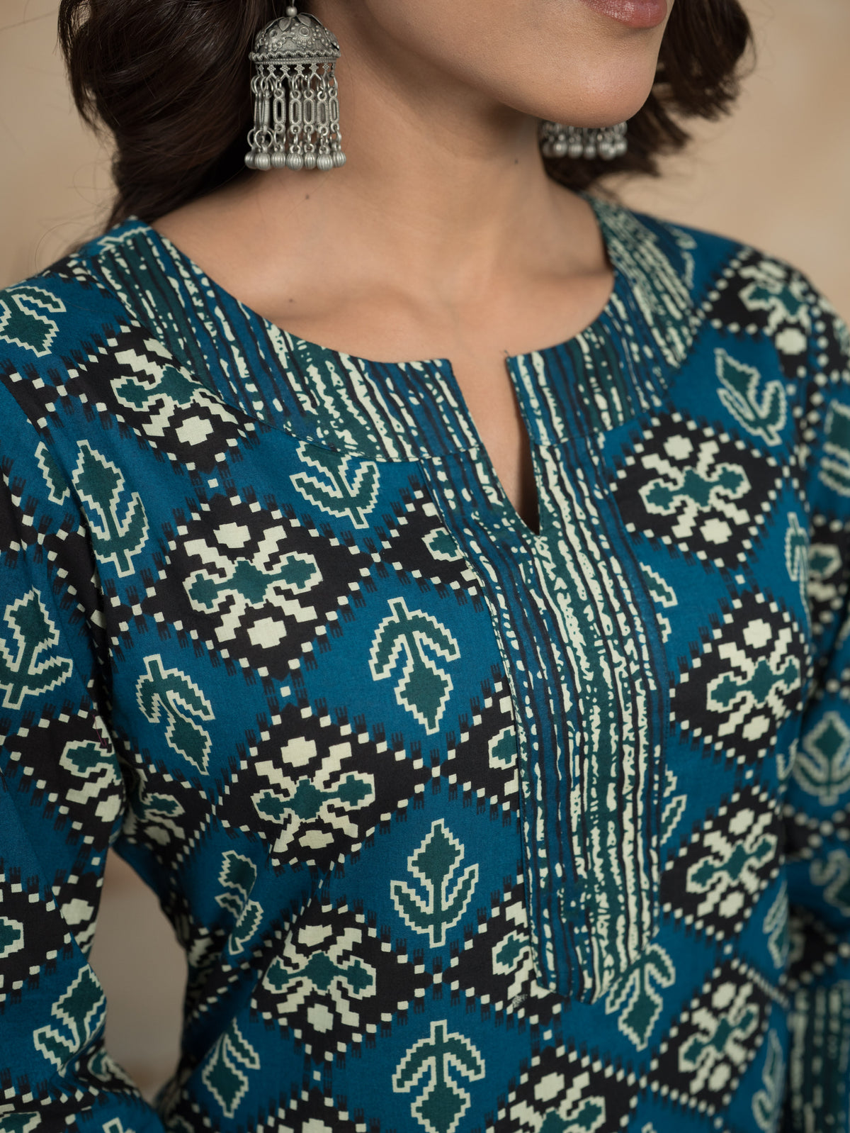 Soft Cotton Geometric Straight Blue Kurta