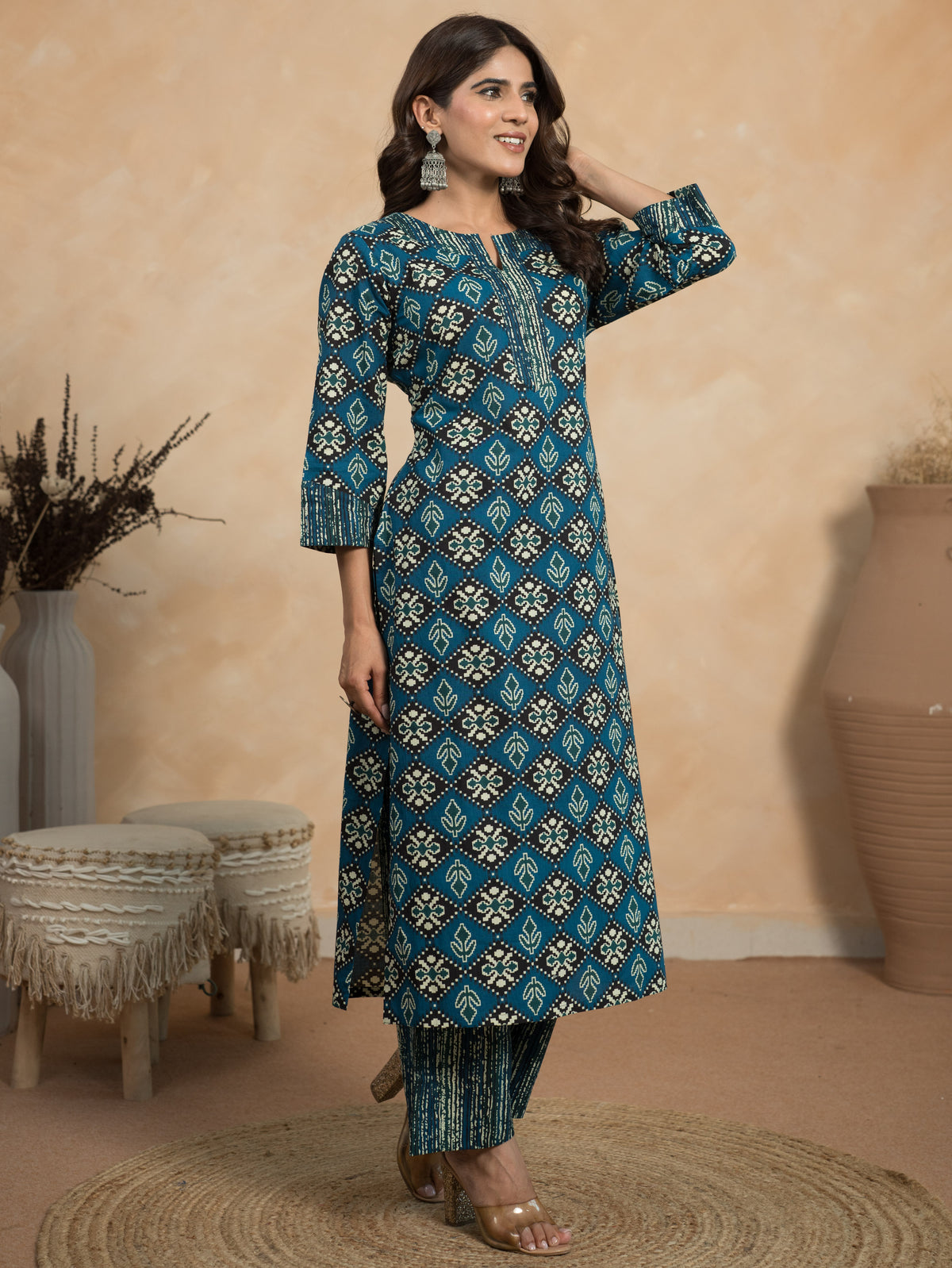 Soft Cotton Geometric Straight Blue Kurta