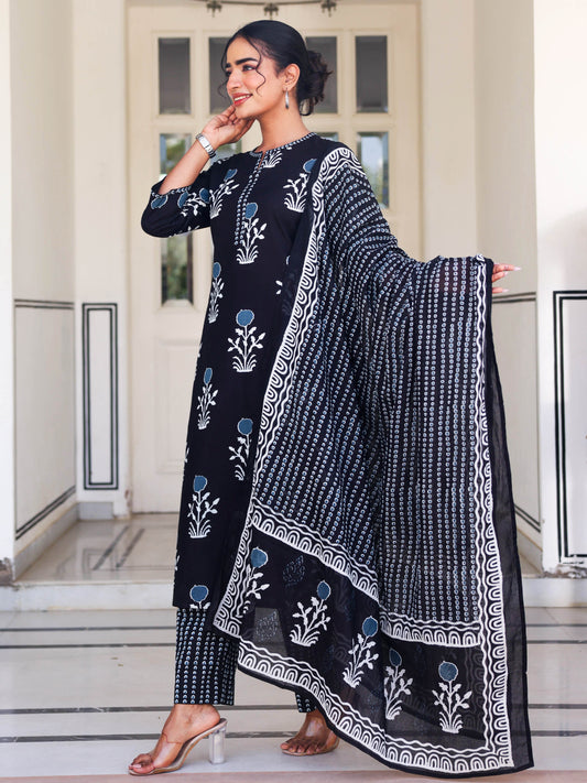 Cotton Voile Floral Black Dupatta