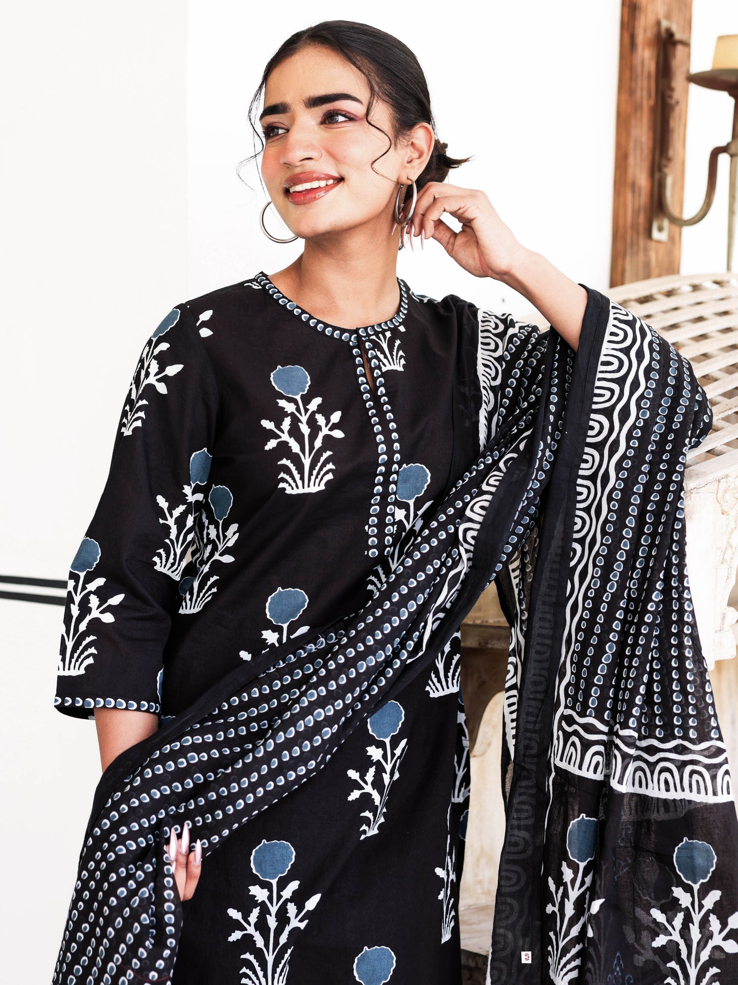 Cotton Voile Floral Black Dupatta