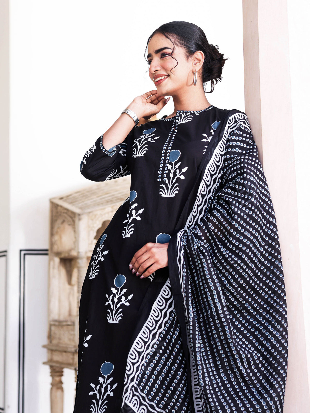 Cotton Voile Floral Black Dupatta