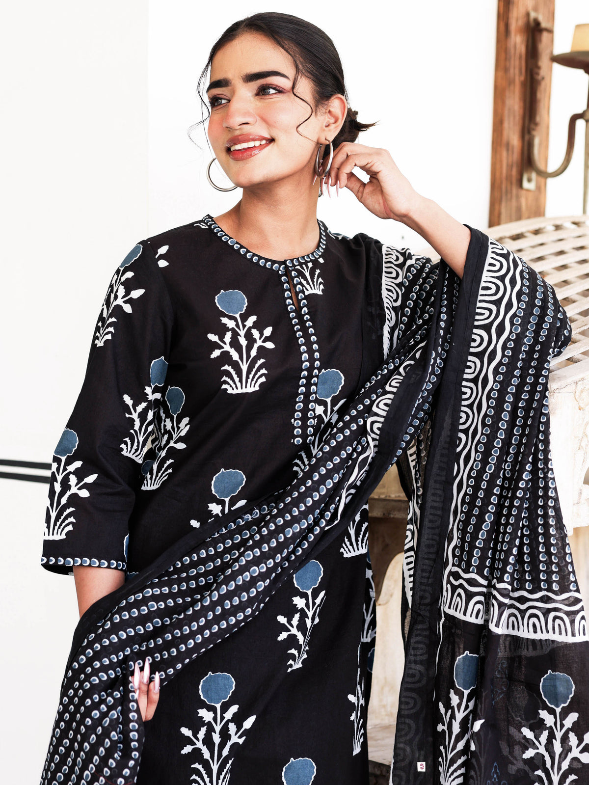 Cotton Voile Floral Black Dupatta
