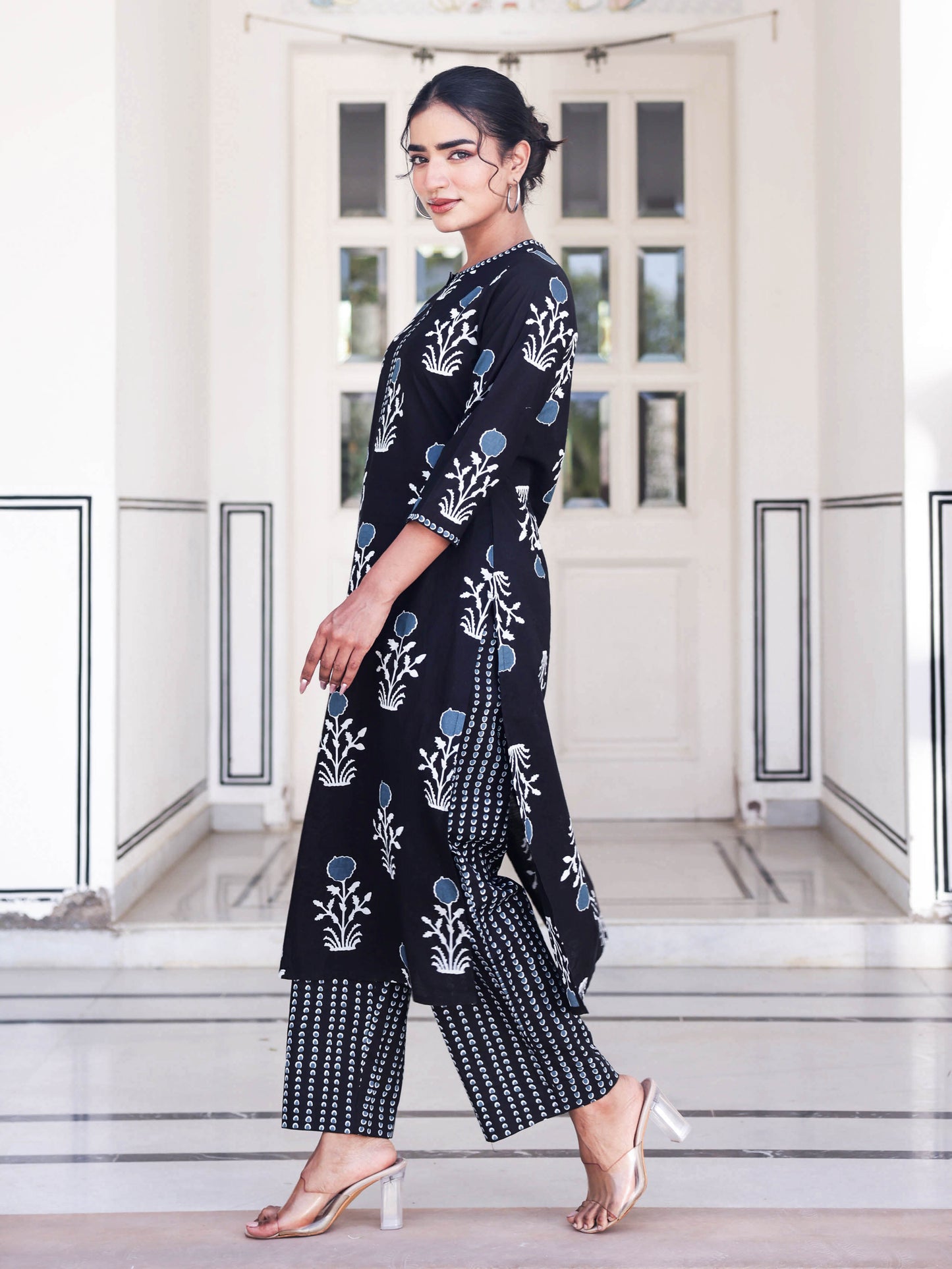 Soft Cotton Floral Straight Black Kurta