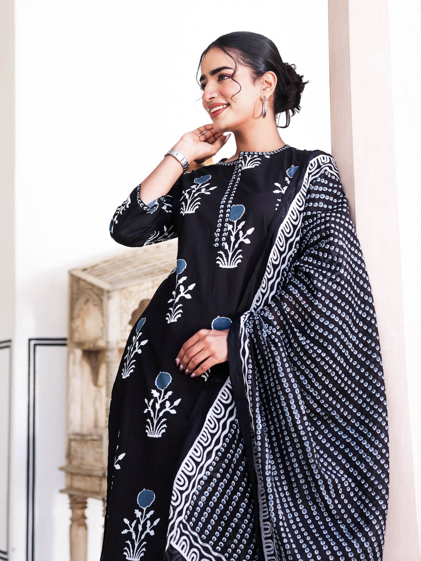 Soft Cotton Floral Straight Black Kurta