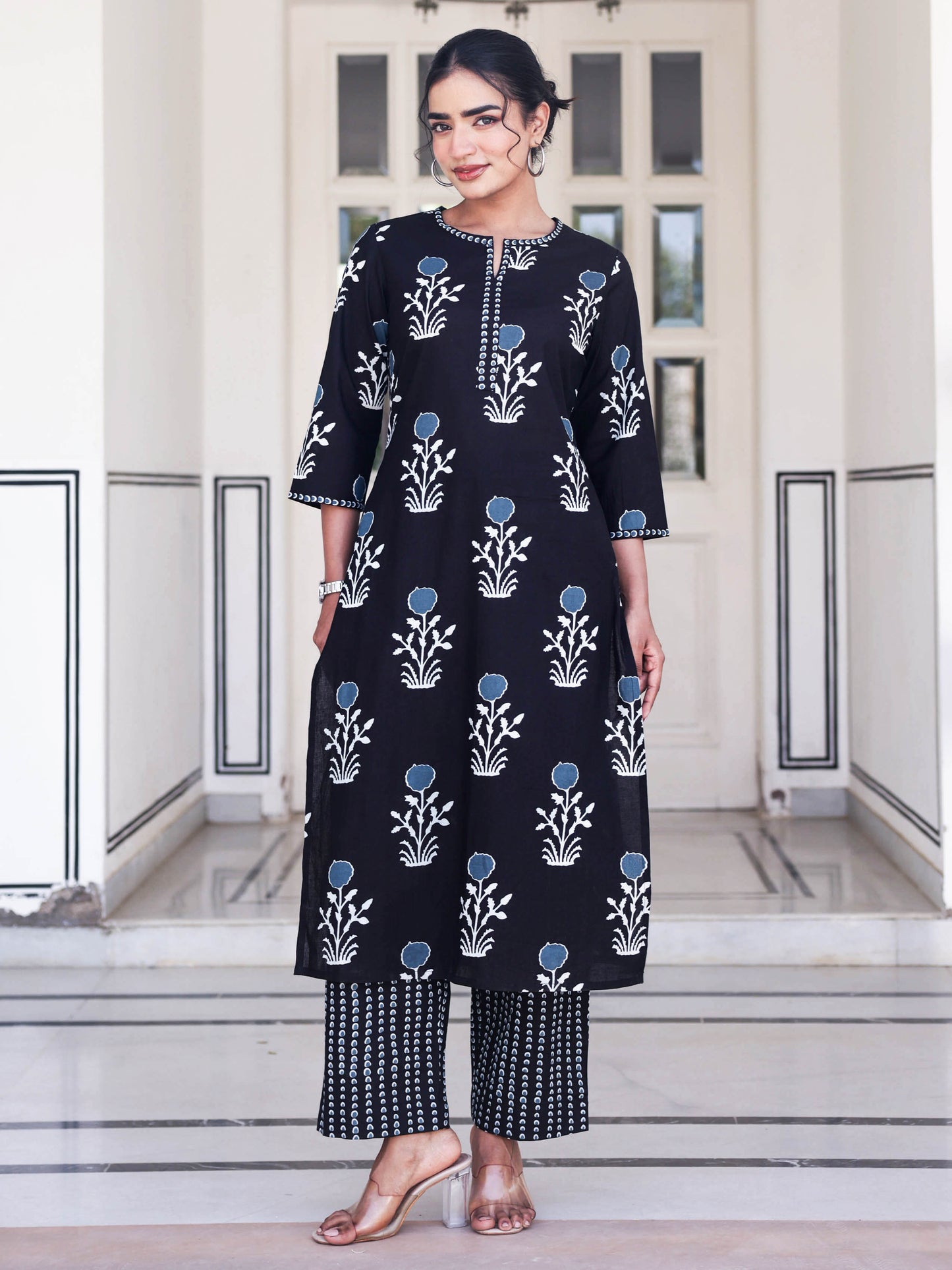 Soft Cotton Floral Straight Black Kurta