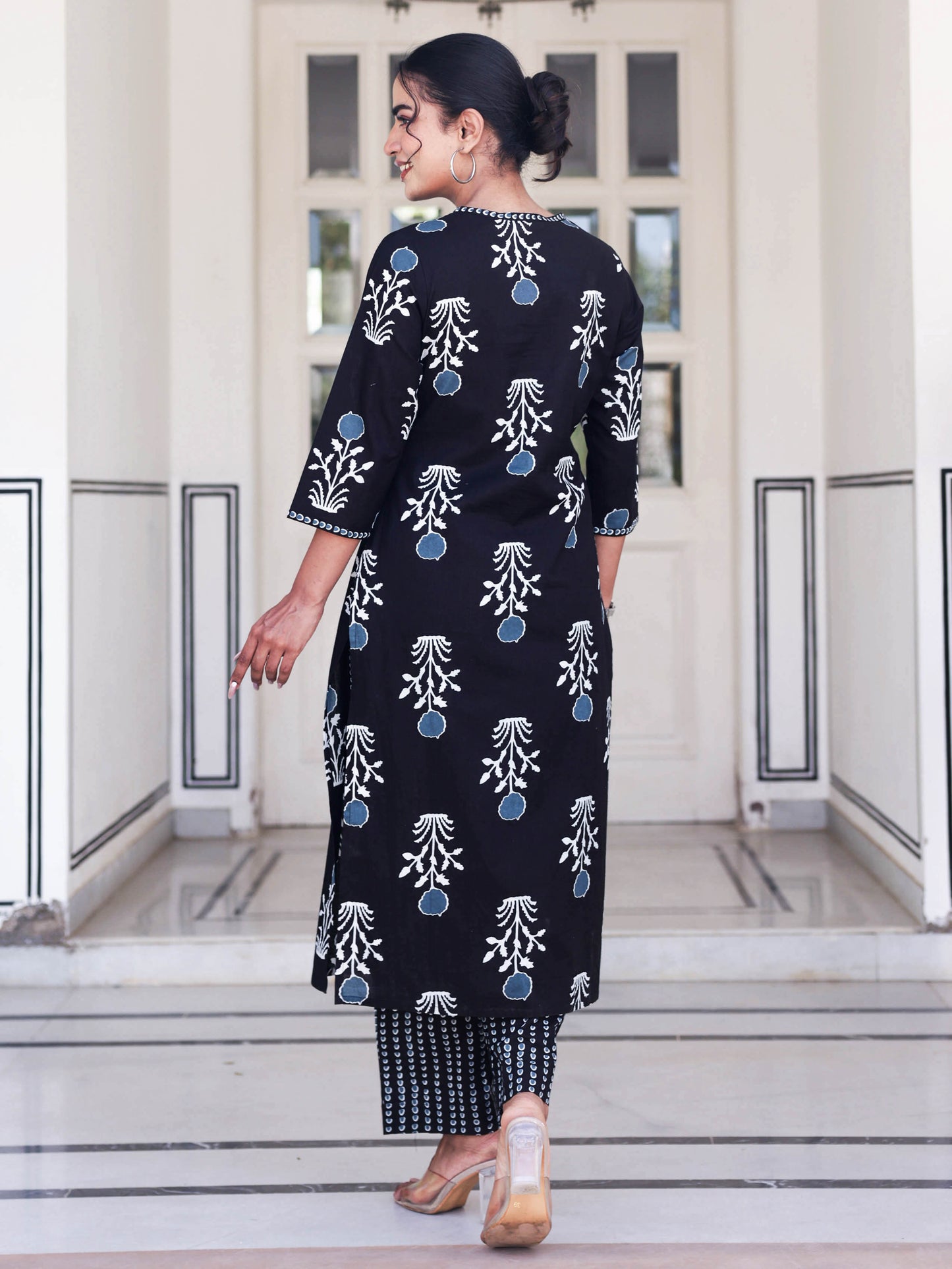 Soft Cotton Floral Straight Black Kurta