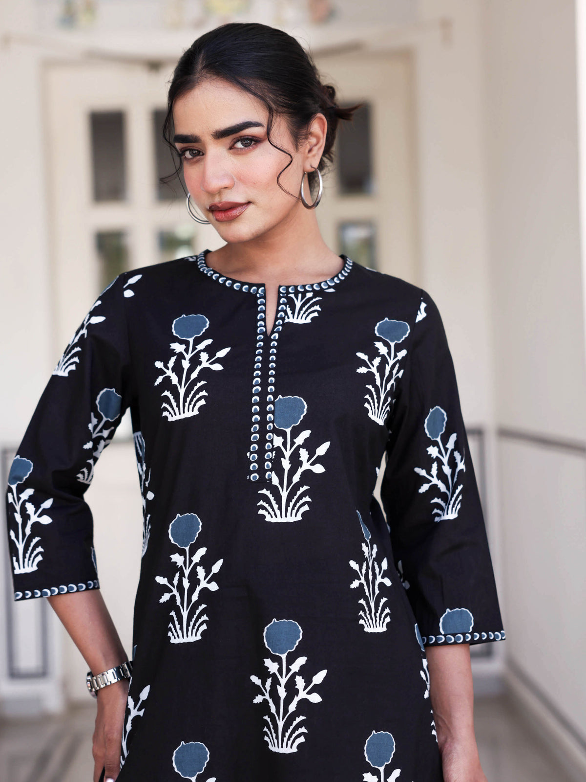 Soft Cotton Floral Straight Black Kurta