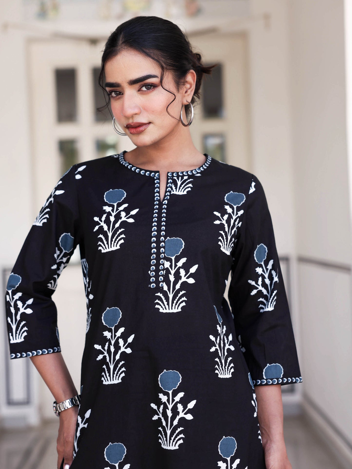 Soft Cotton Floral Straight Black Kurta