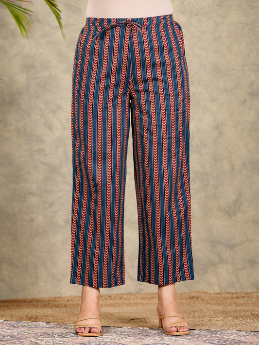 Soft Cotton Striped Blue Straight Trousers