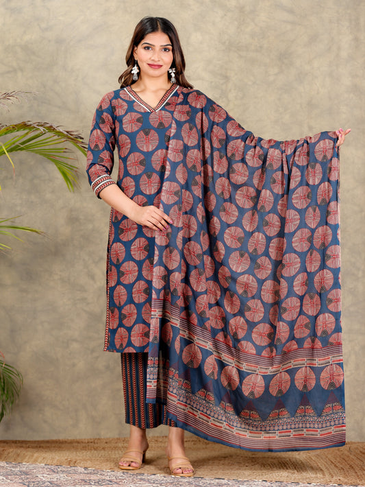 Voile Cotton Geometric Blue Dupatta