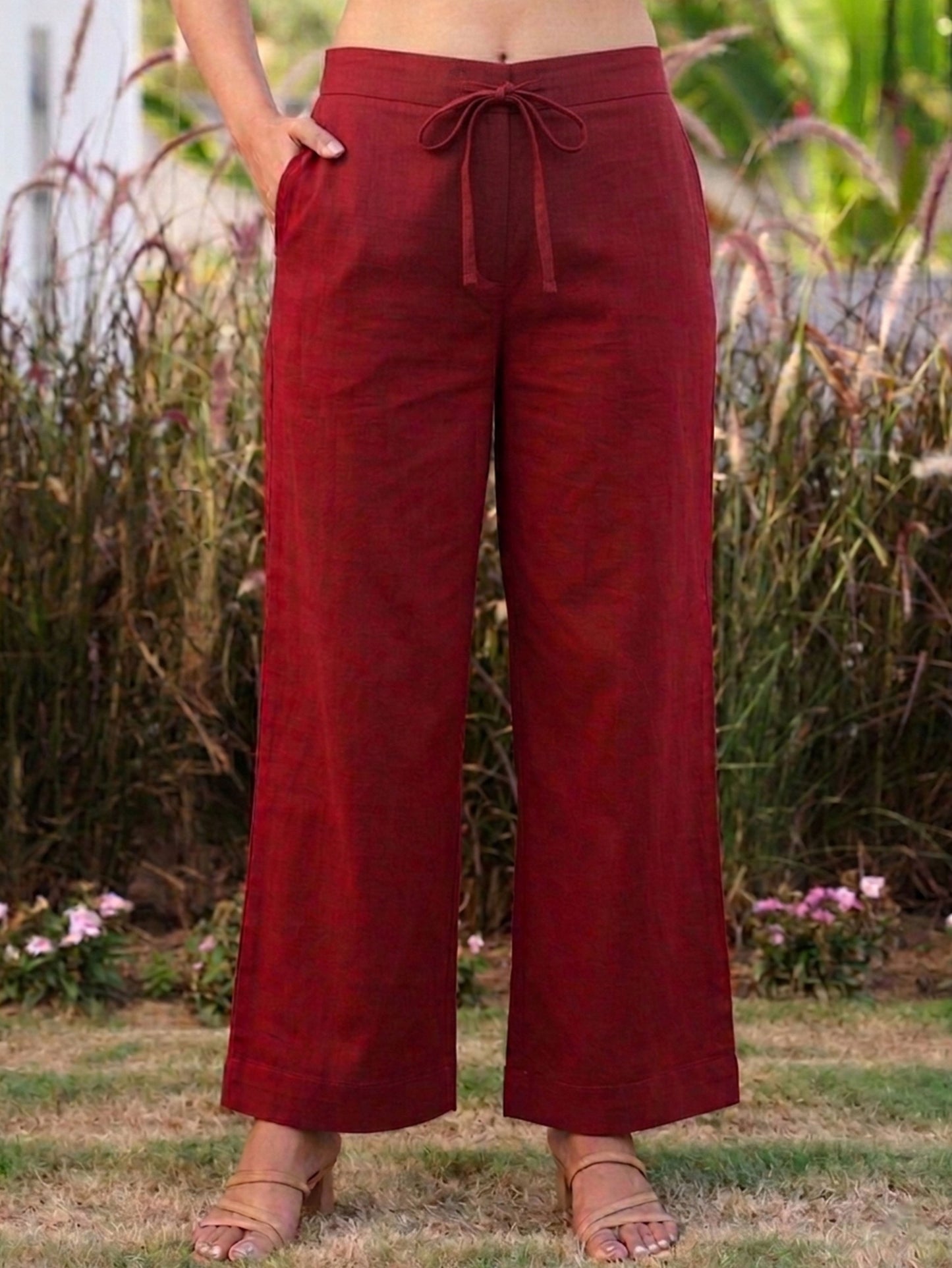 Soft cotton Solid Maroon Straight Trousers