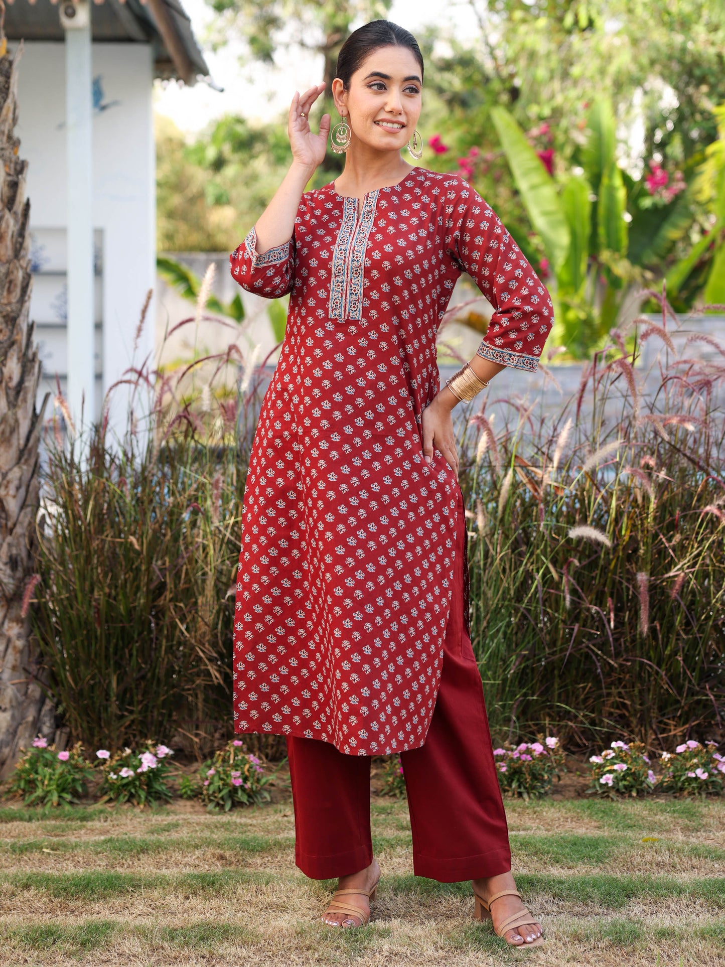 Soft cotton Butti Straight Maroon Kurta