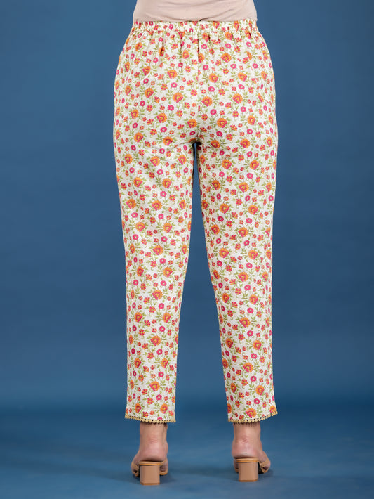 Soft Cotton Floral Beige Tapered Trousers