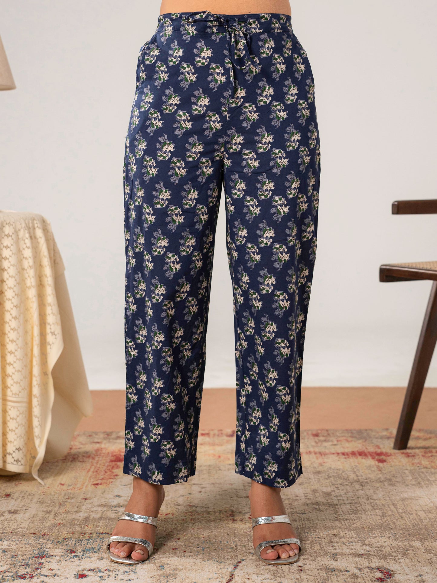 Soft Cotton Floral Navy Blue Straight Trousers