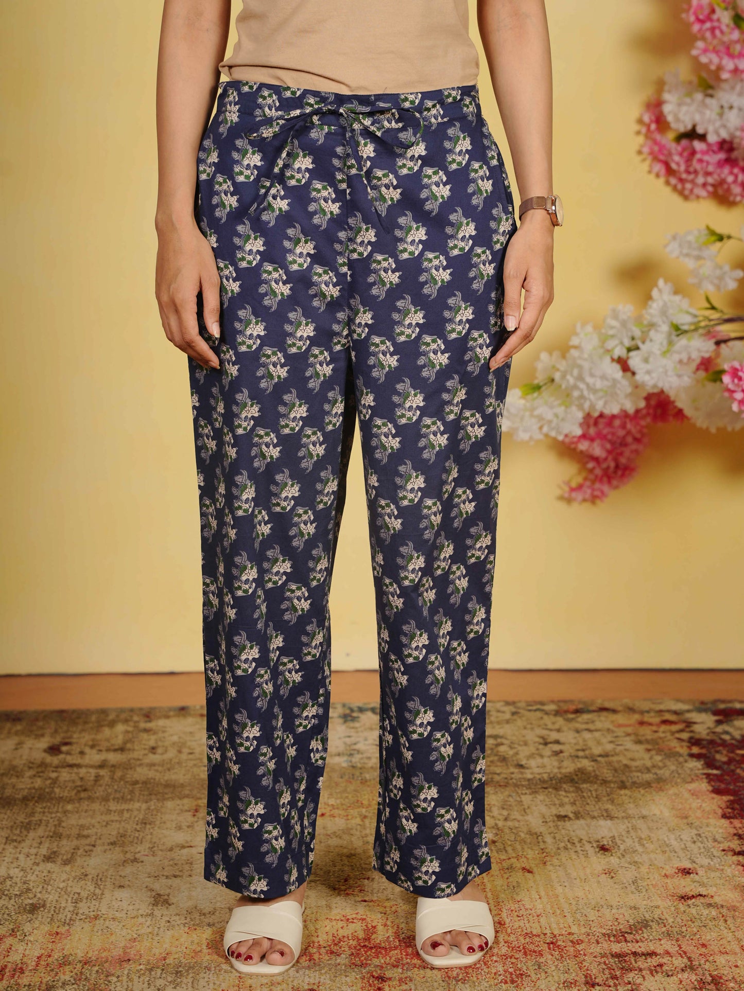 Soft Cotton Floral Navy Blue Straight Trousers