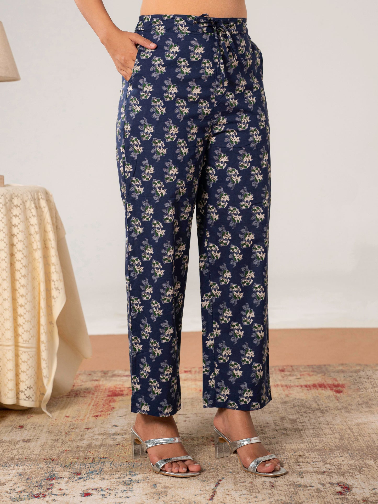 Soft Cotton Floral Navy Blue Straight Trousers