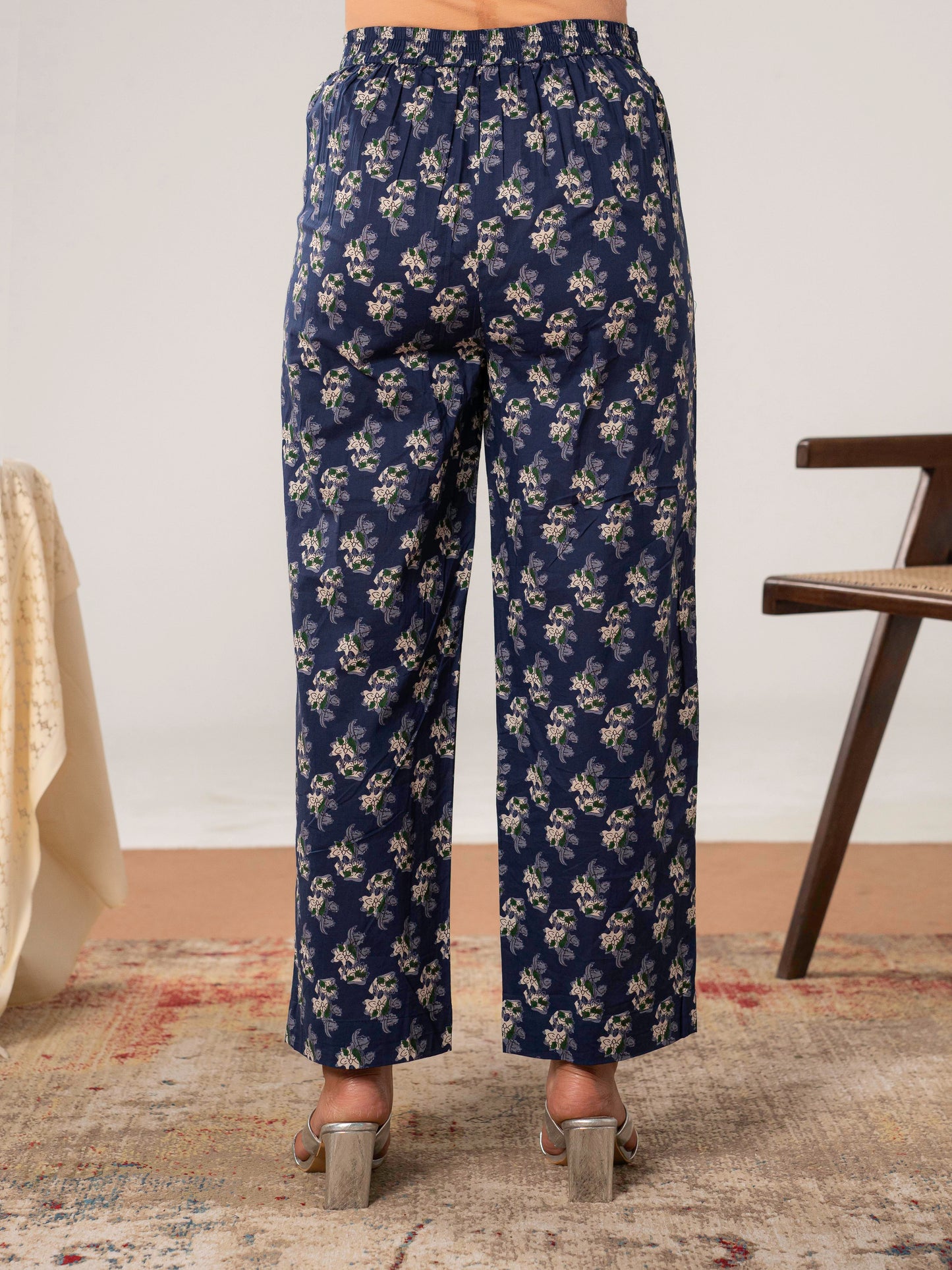 Soft Cotton Floral Navy Blue Straight Trousers