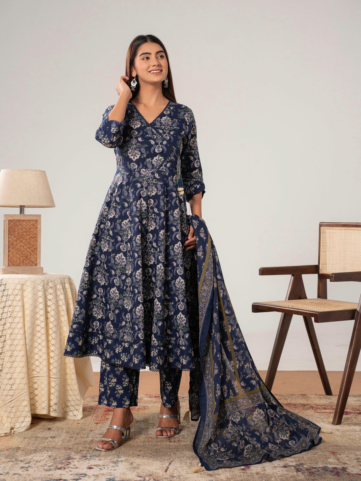 Cotton Voile Floral Navy Blue Dupatta