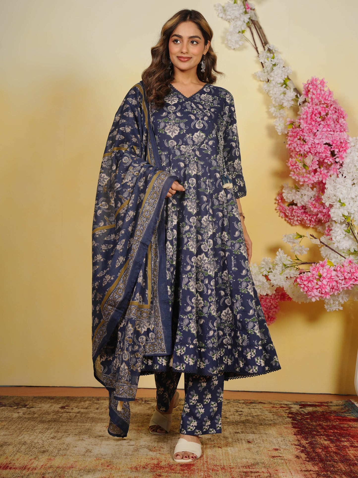 Cotton Voile Floral Navy Blue Dupatta