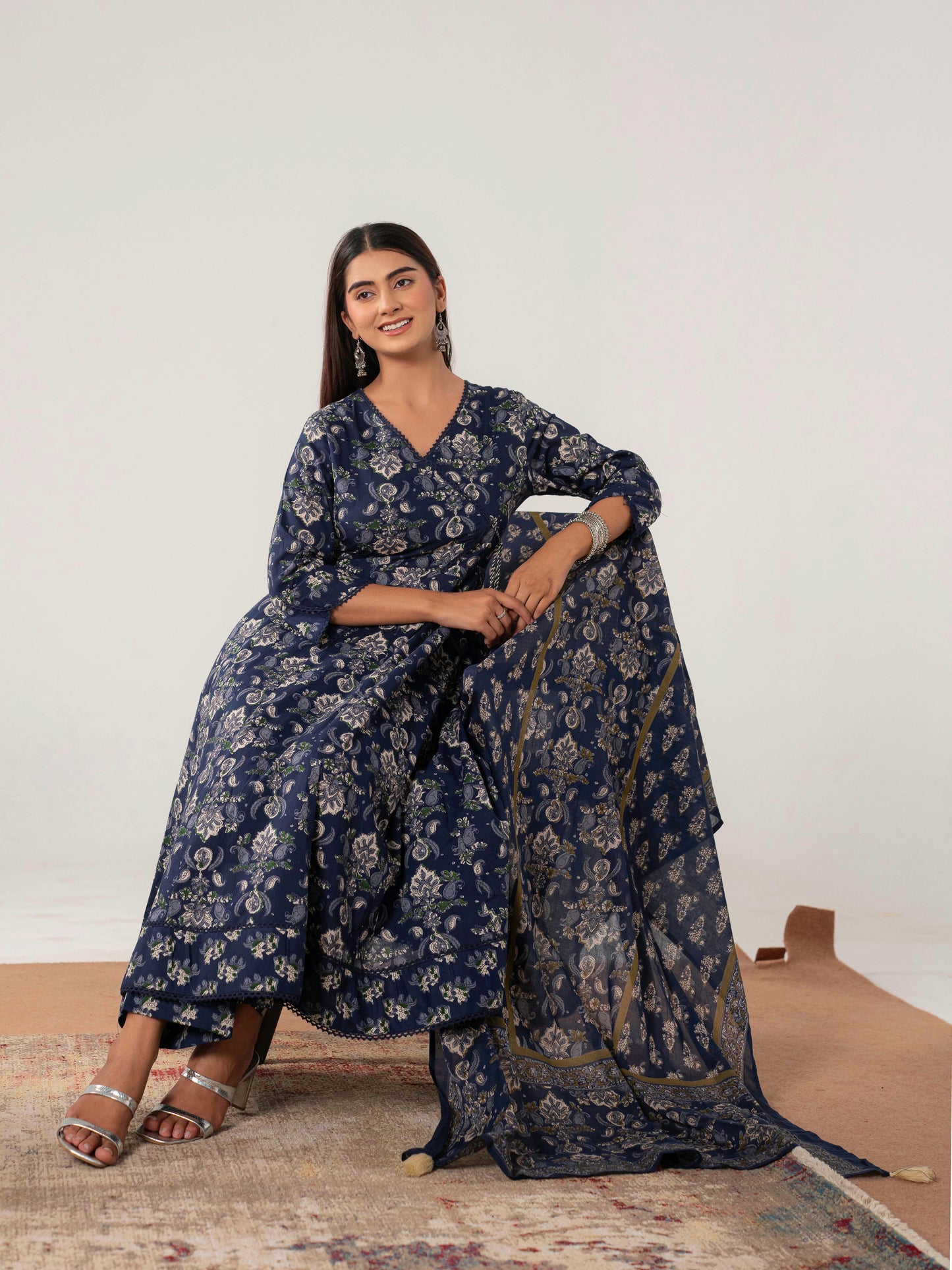 Cotton Voile Floral Navy Blue Dupatta