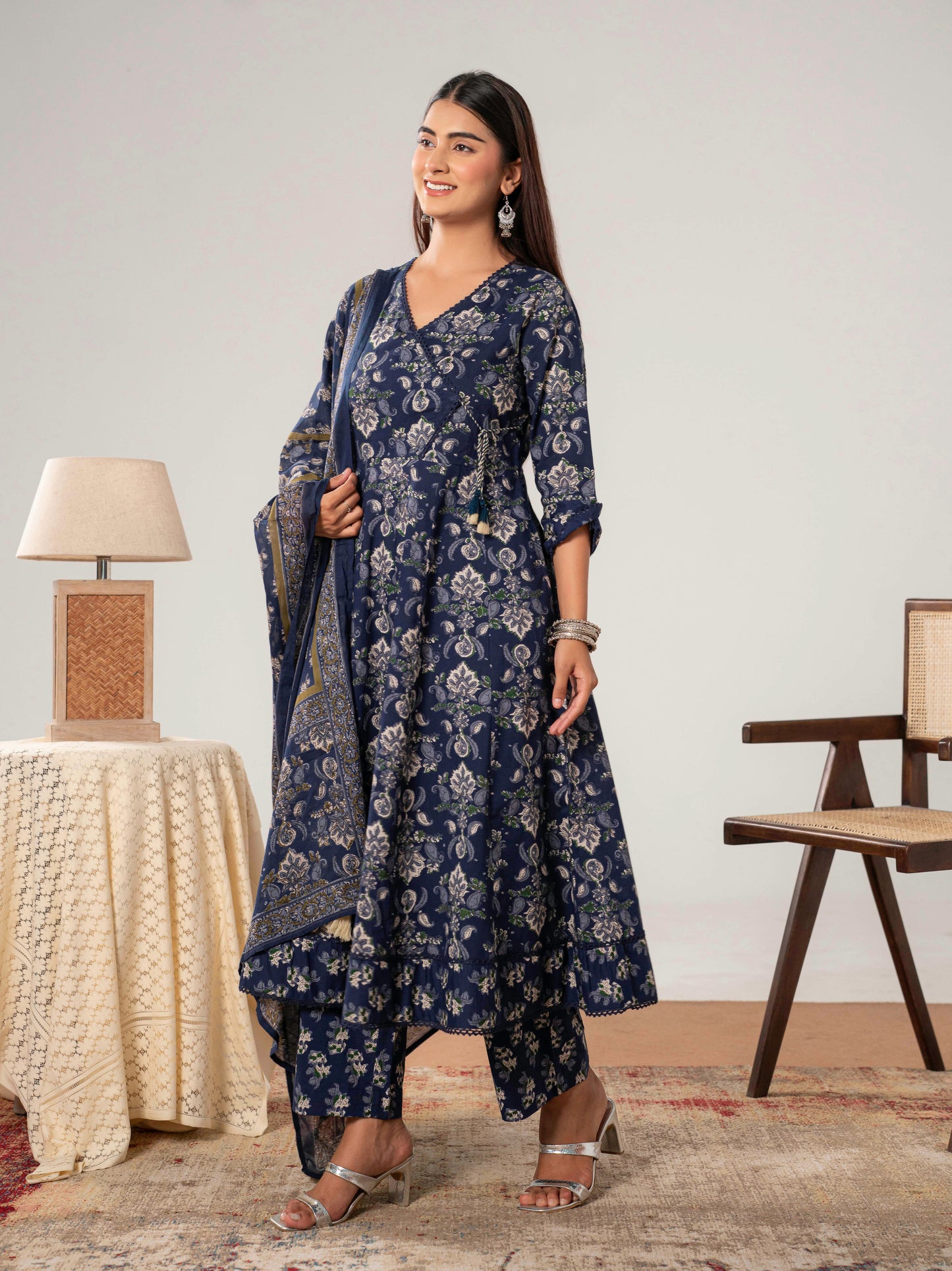 Cotton Voile Floral Navy Blue Dupatta
