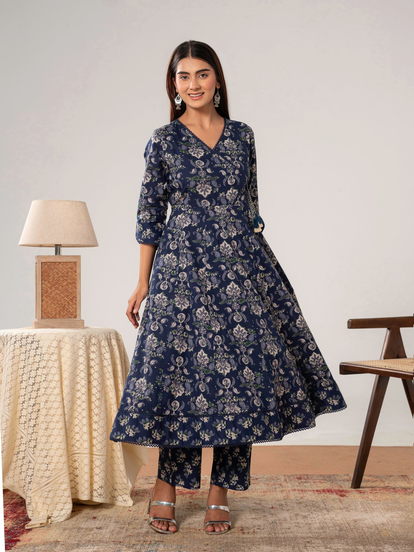 Soft Cotton Floral Anarkali Navy Blue Kurta