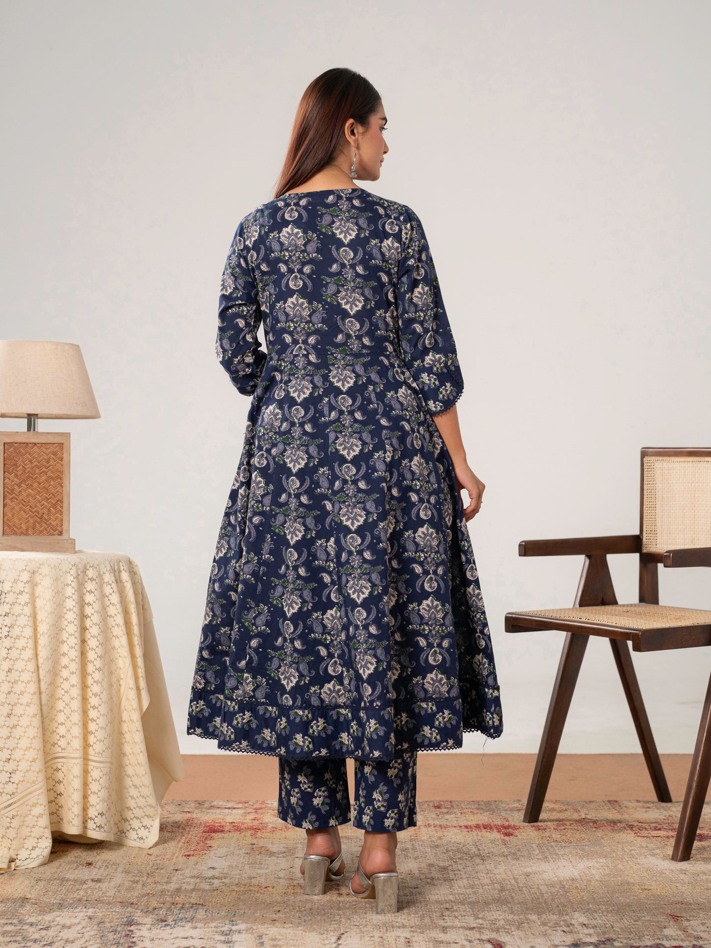 Soft Cotton Floral Anarkali Navy Blue Kurta