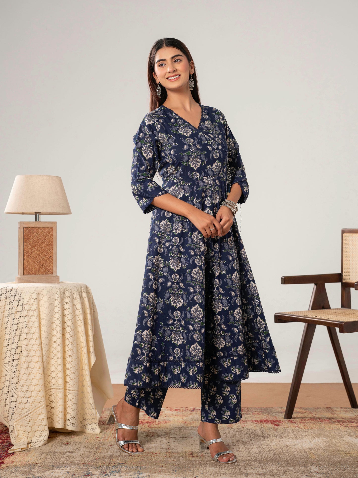 Soft Cotton Floral Anarkali Navy Blue Kurta