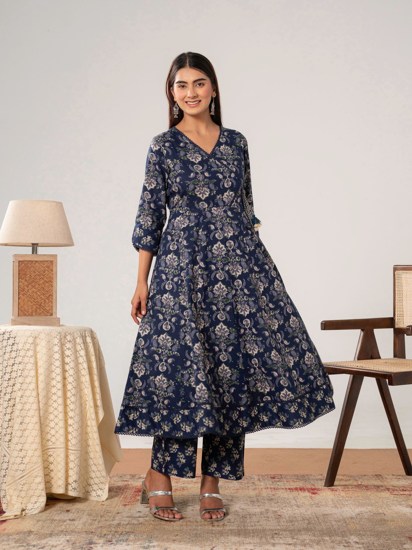 Soft Cotton Floral Anarkali Navy Blue Kurta