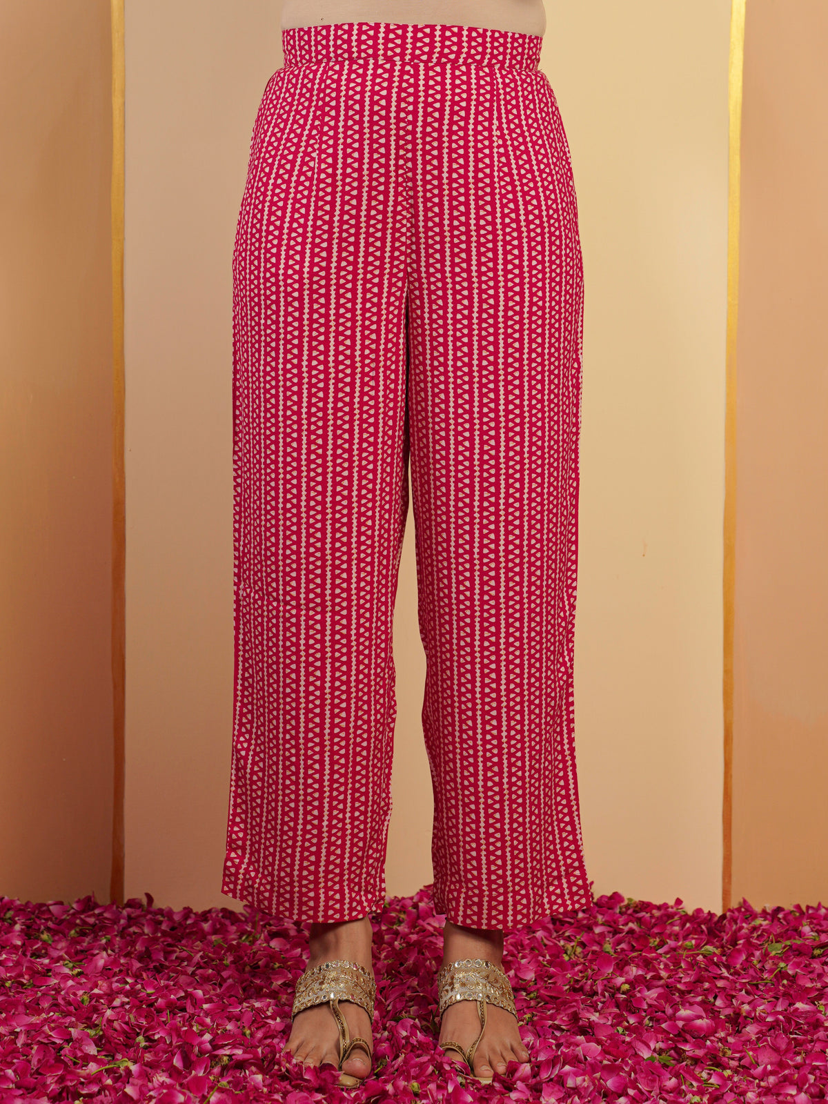Viscose Geometric Pink Straight Trousers
