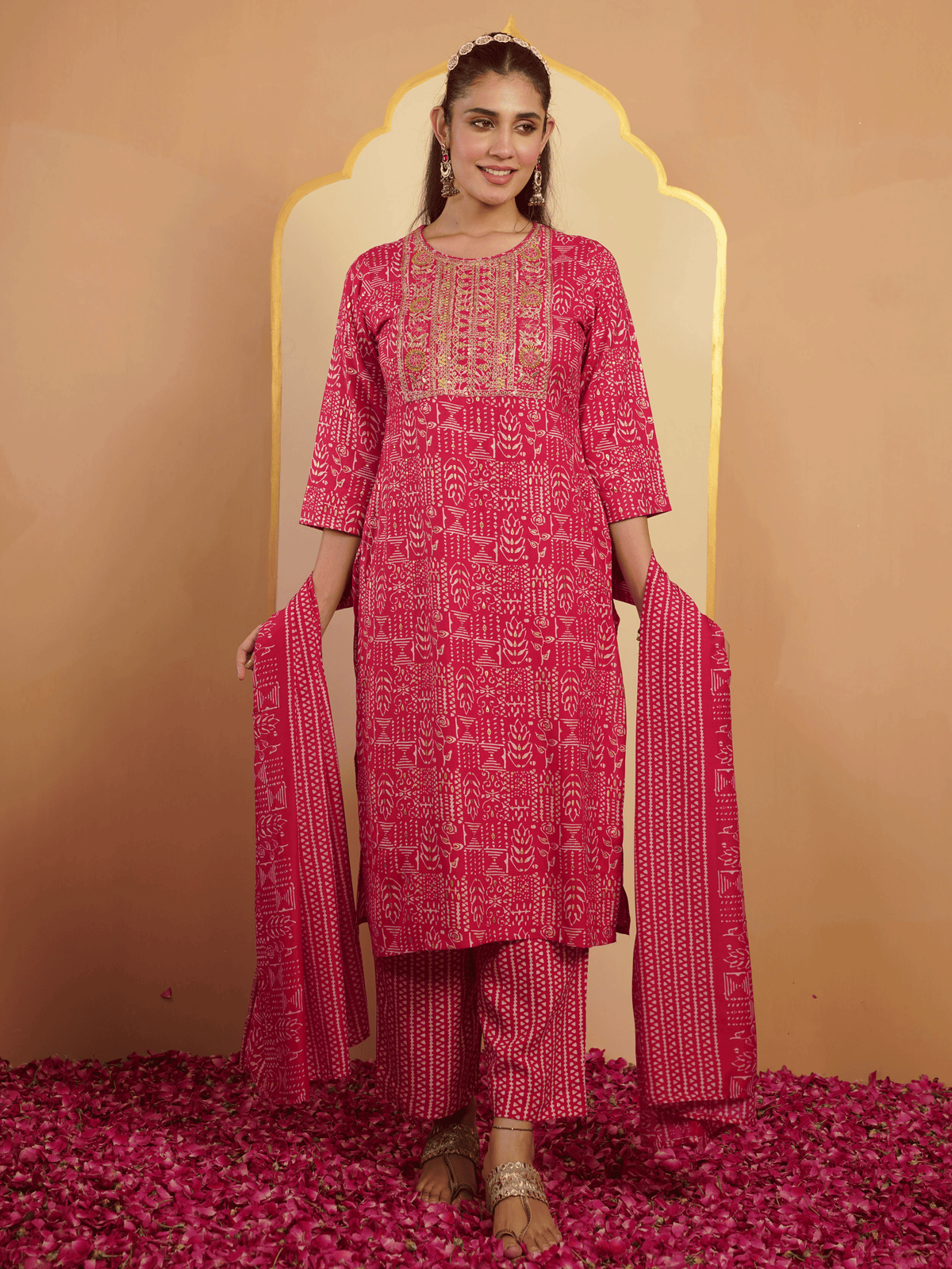 Embroidered Viscose Gold Foil Straight Pink Kurta
