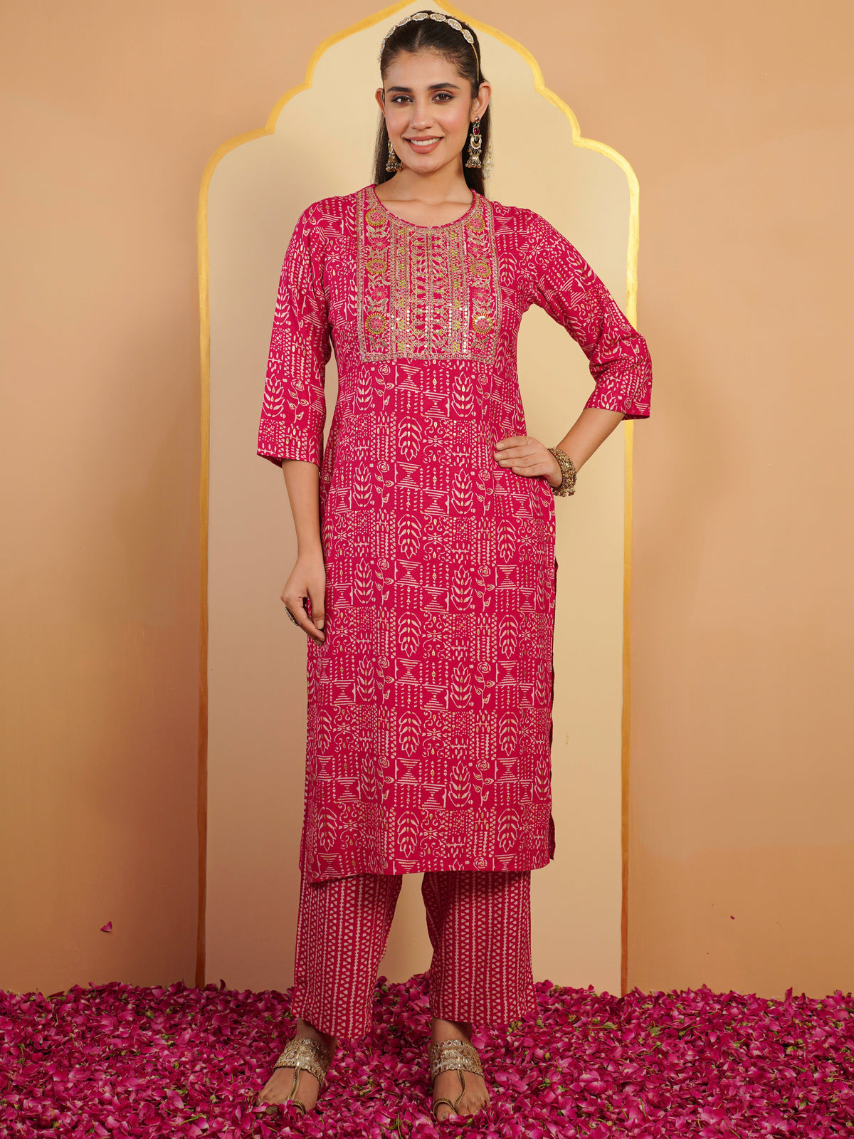 Embroidered Viscose Gold Foil Straight Pink Kurta