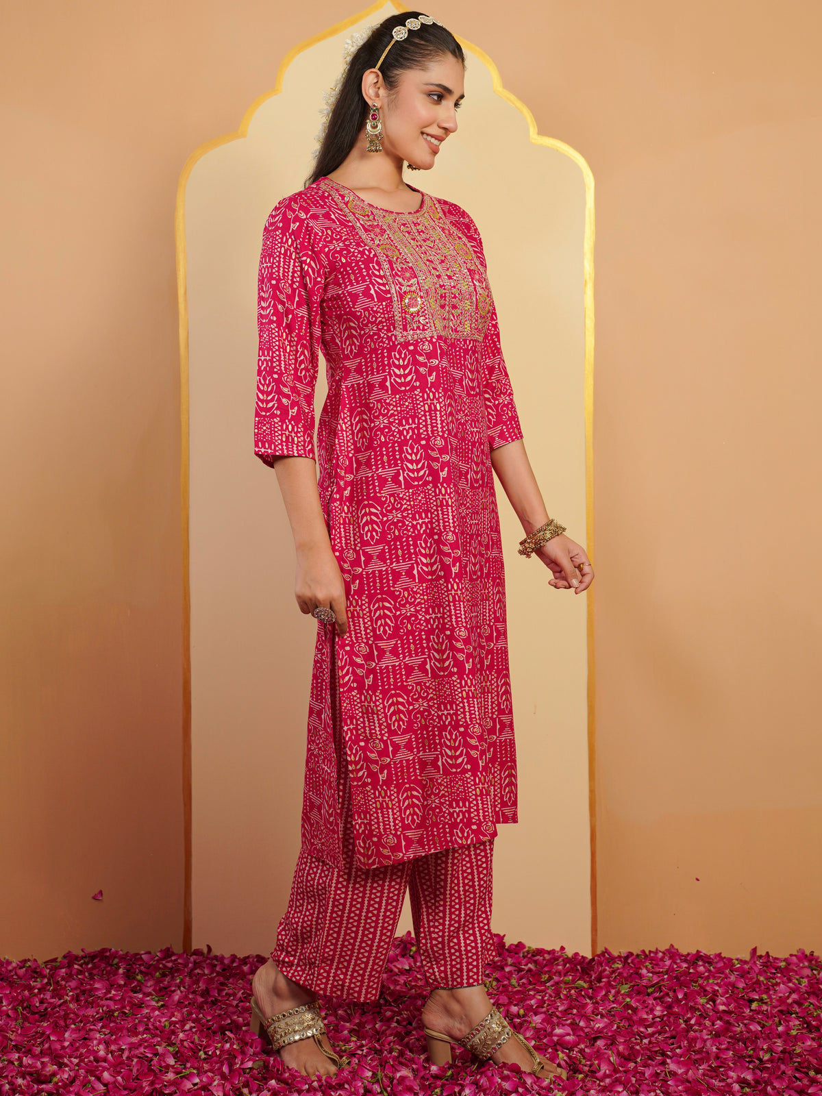 Embroidered Viscose Gold Foil Straight Pink Kurta