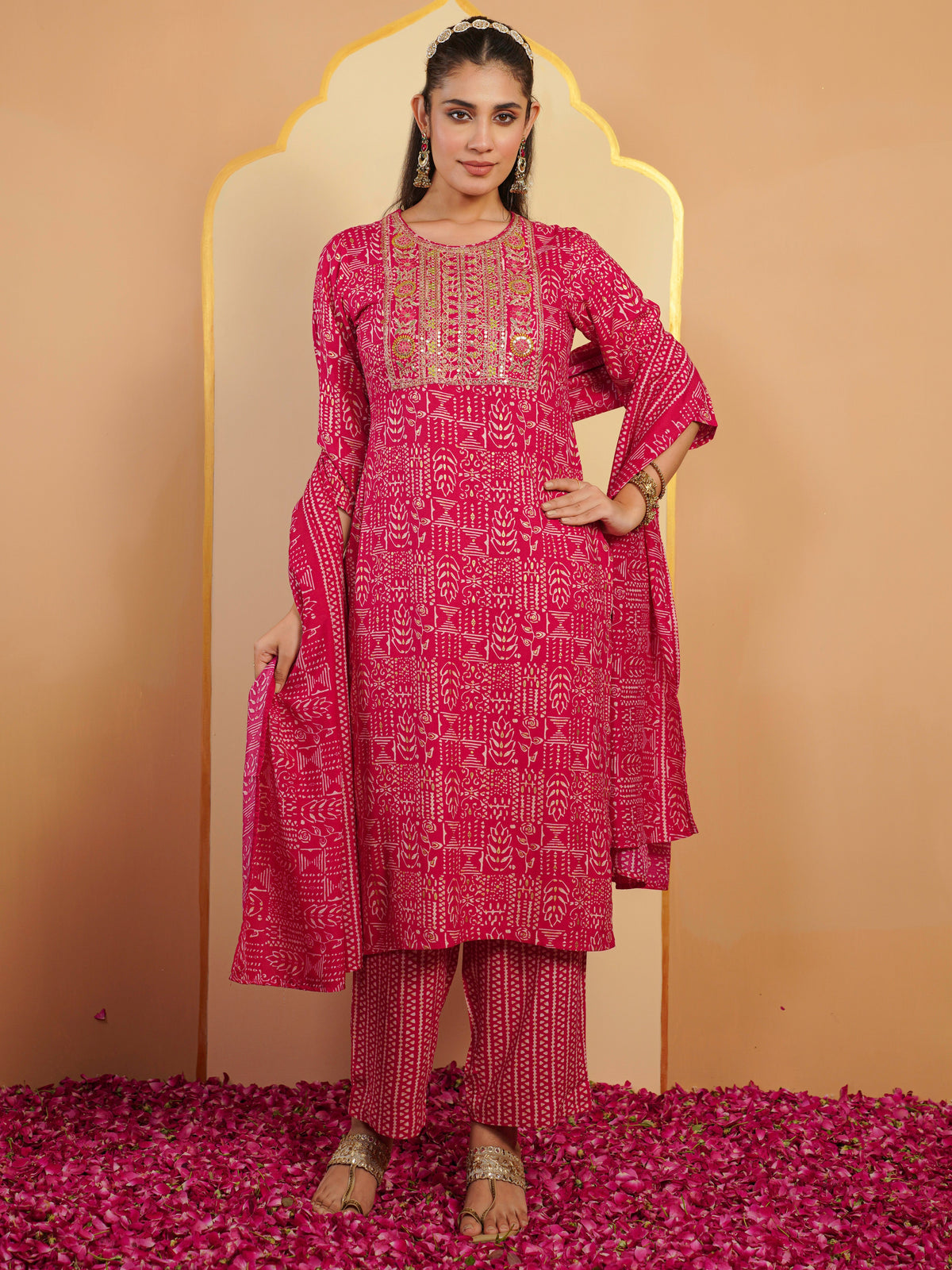 Embroidered Viscose Gold Foil Straight Pink Kurta