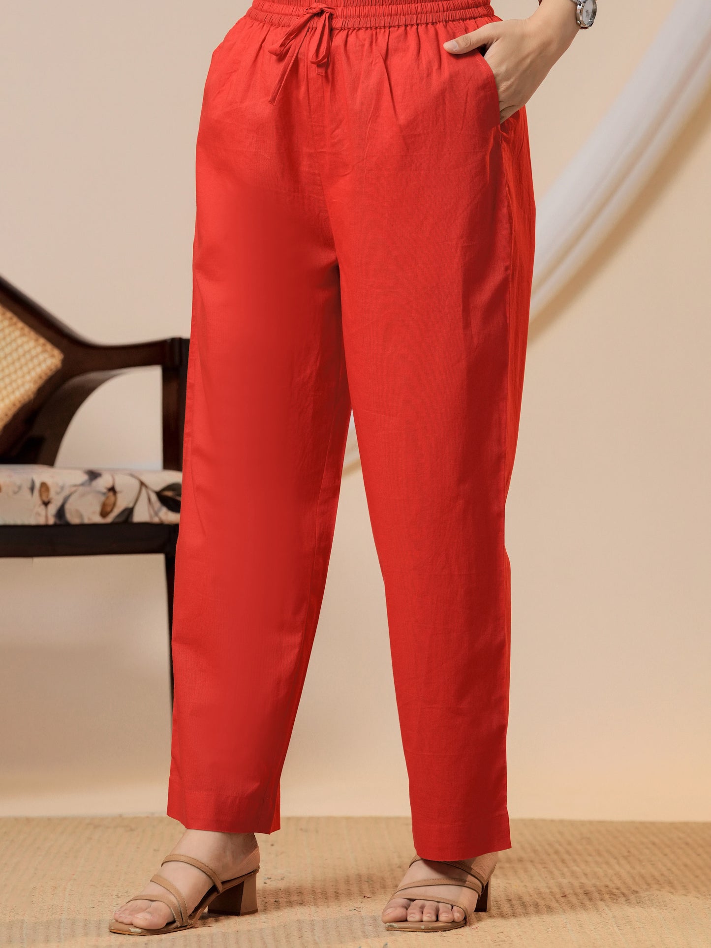 Soft cotton Solid Red Straight Trousers
