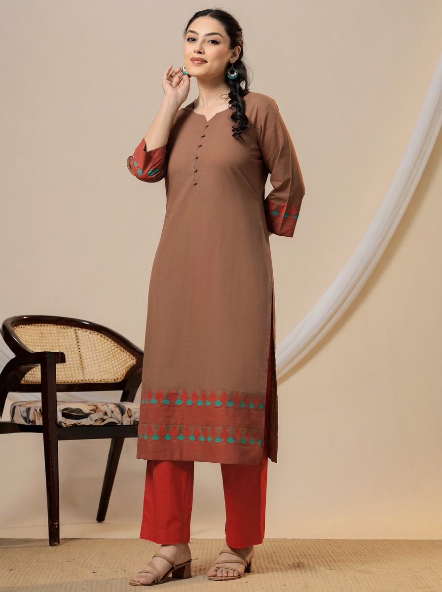 Soft cotton Solid Straight Brown Kurta
