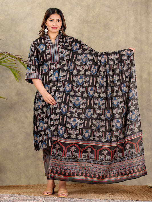 Cotton Voile Ajrakh Black Dupatta