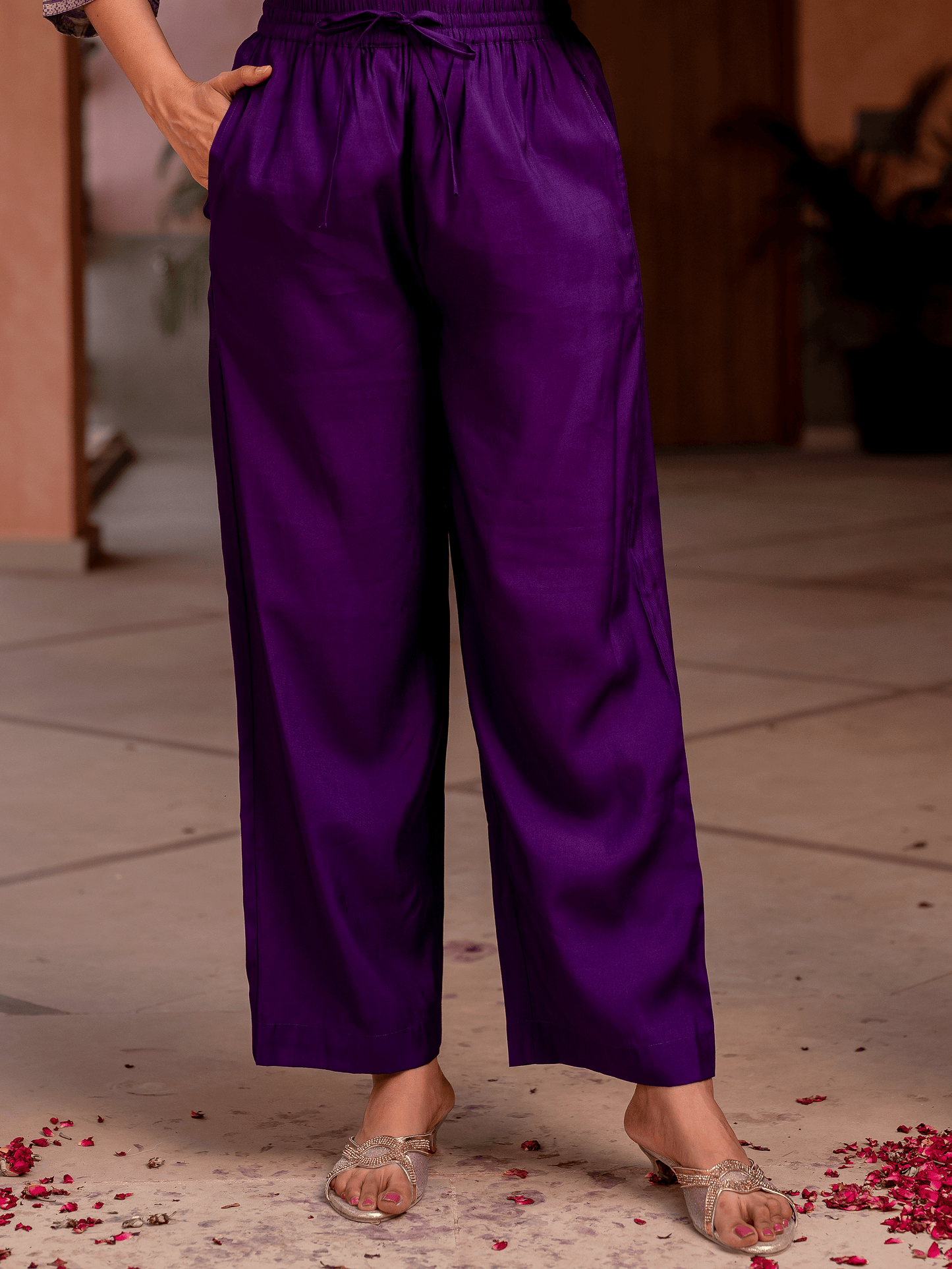 Chanderi Solid Blue Straight Trousers