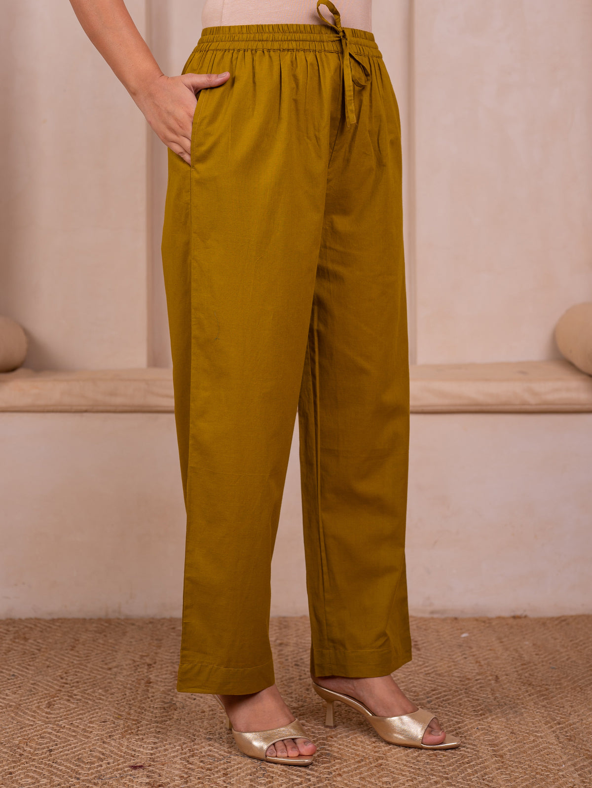 Soft Cotton Solid Green Straight Trousers