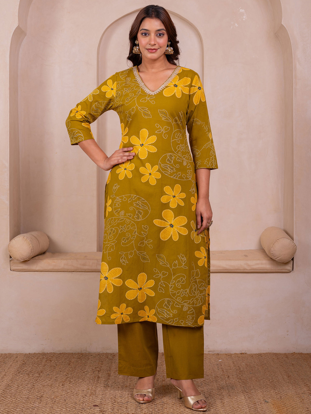 Soft Cotton Floral Straight Green Kurta