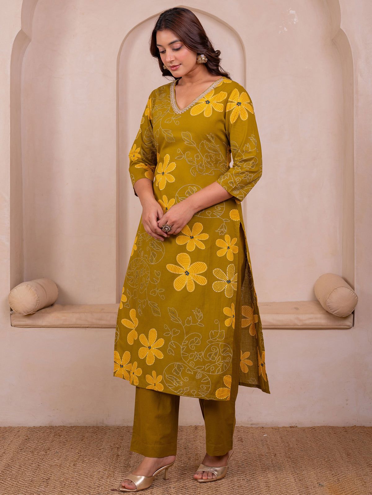 Soft Cotton Floral Straight Green Kurta