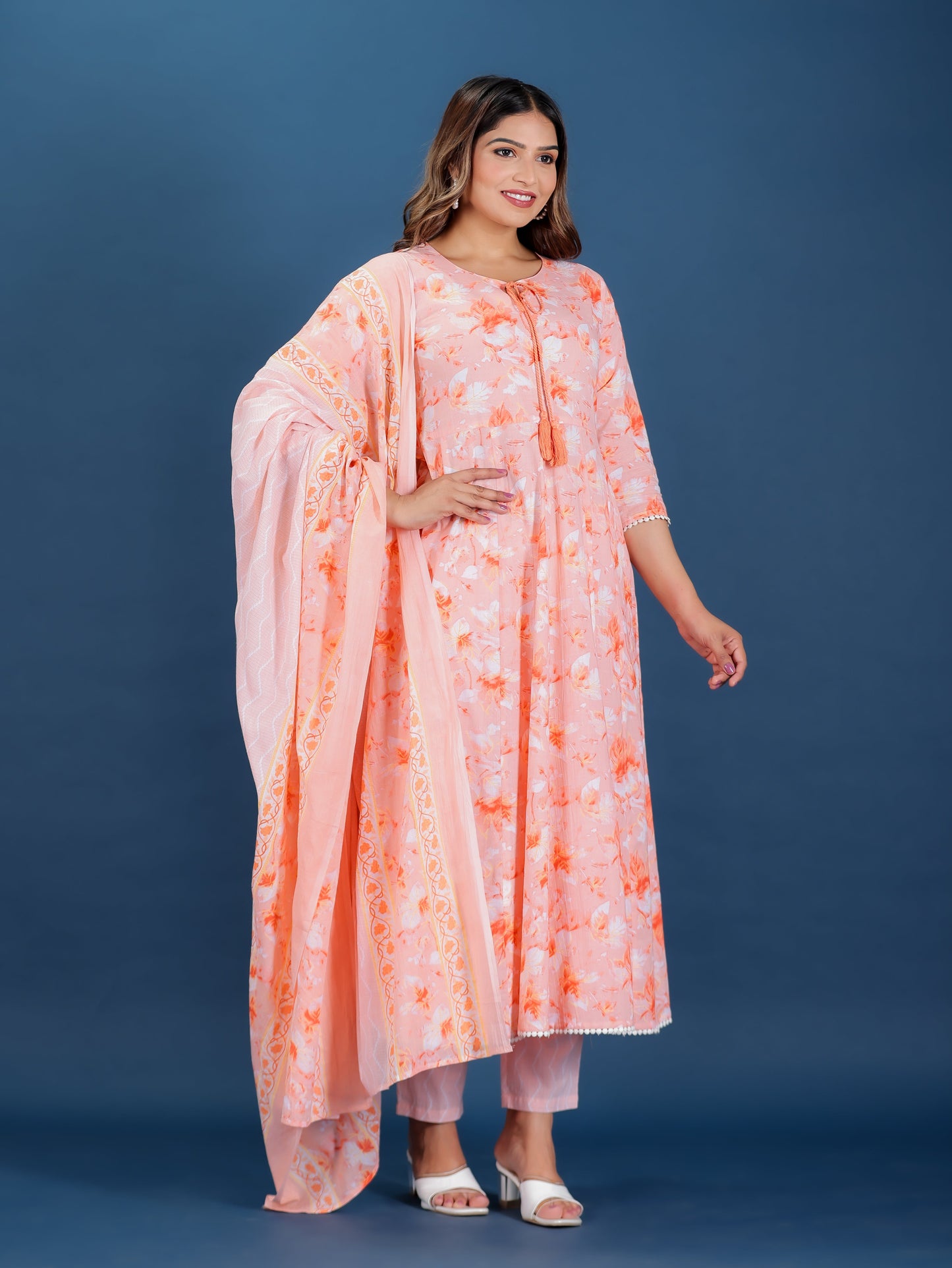 Soft Cotton Floral Flared Peach Kurta