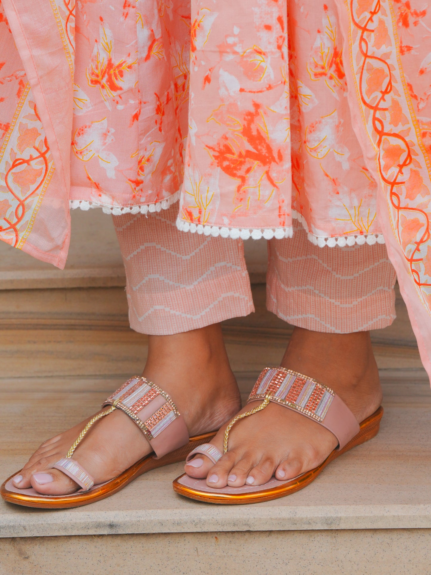 Soft Cotton Floral Flared Peach Kurta