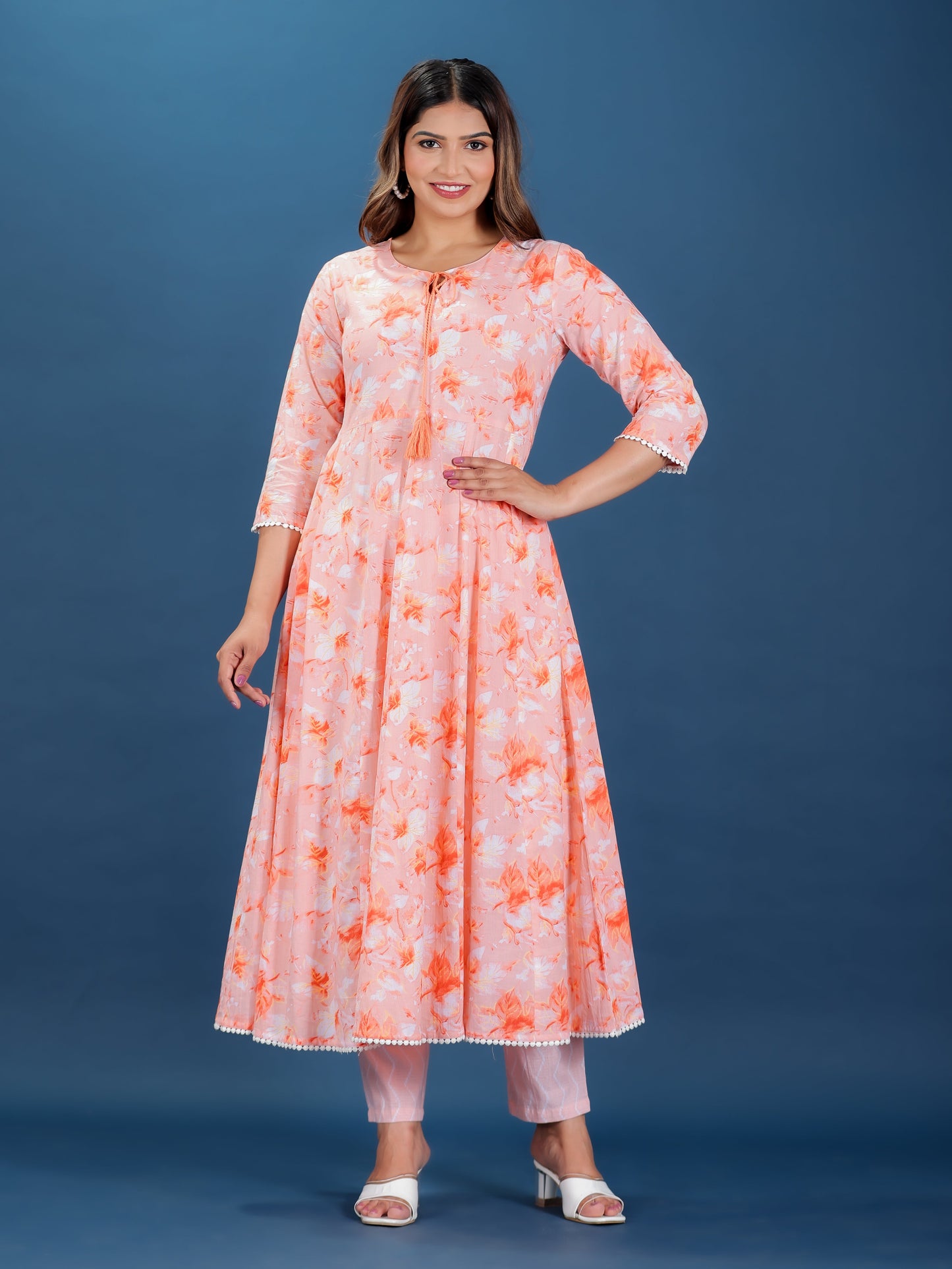 Soft Cotton Floral Flared Peach Kurta