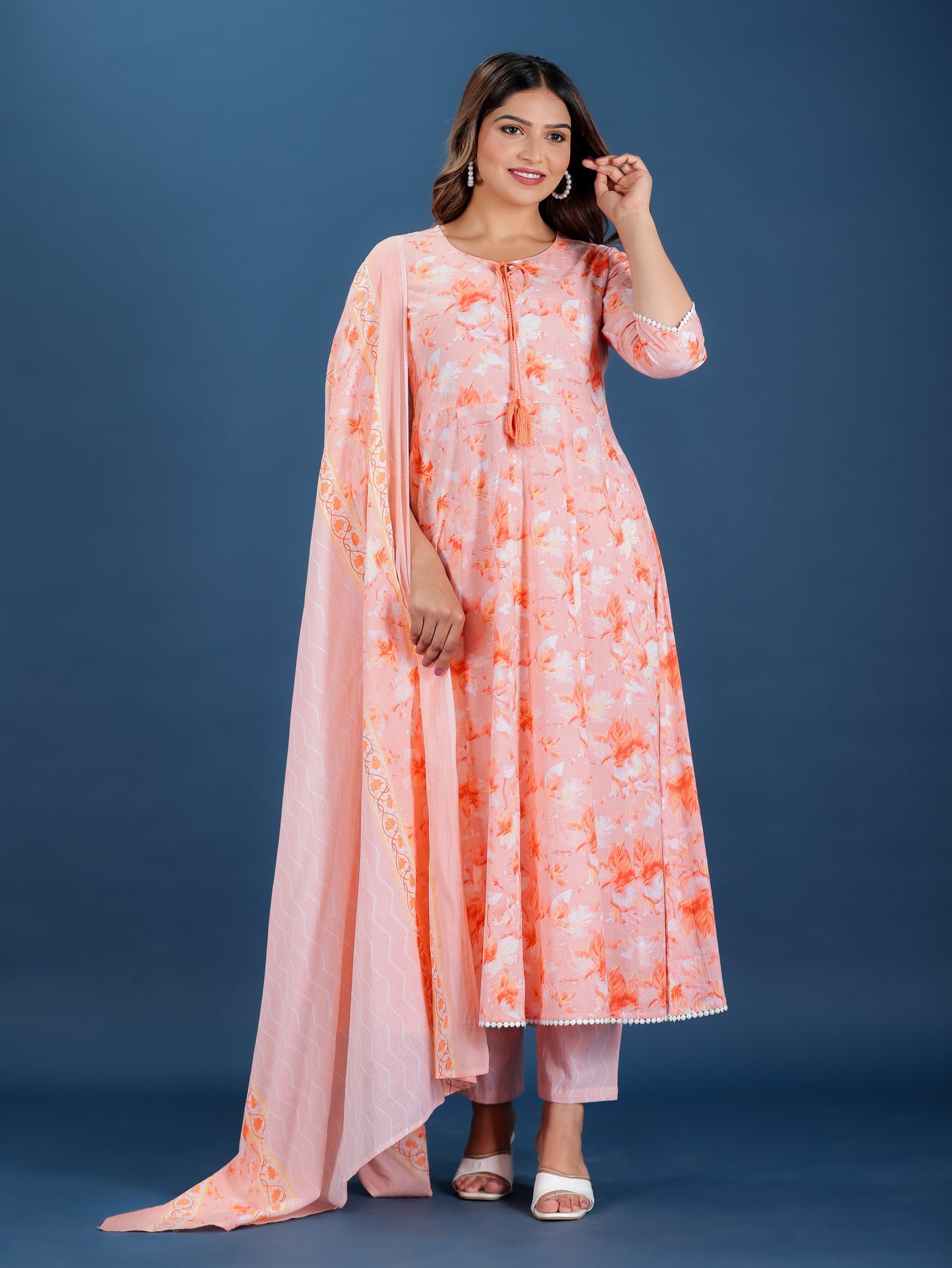 Soft Cotton Floral Flared Peach Kurta